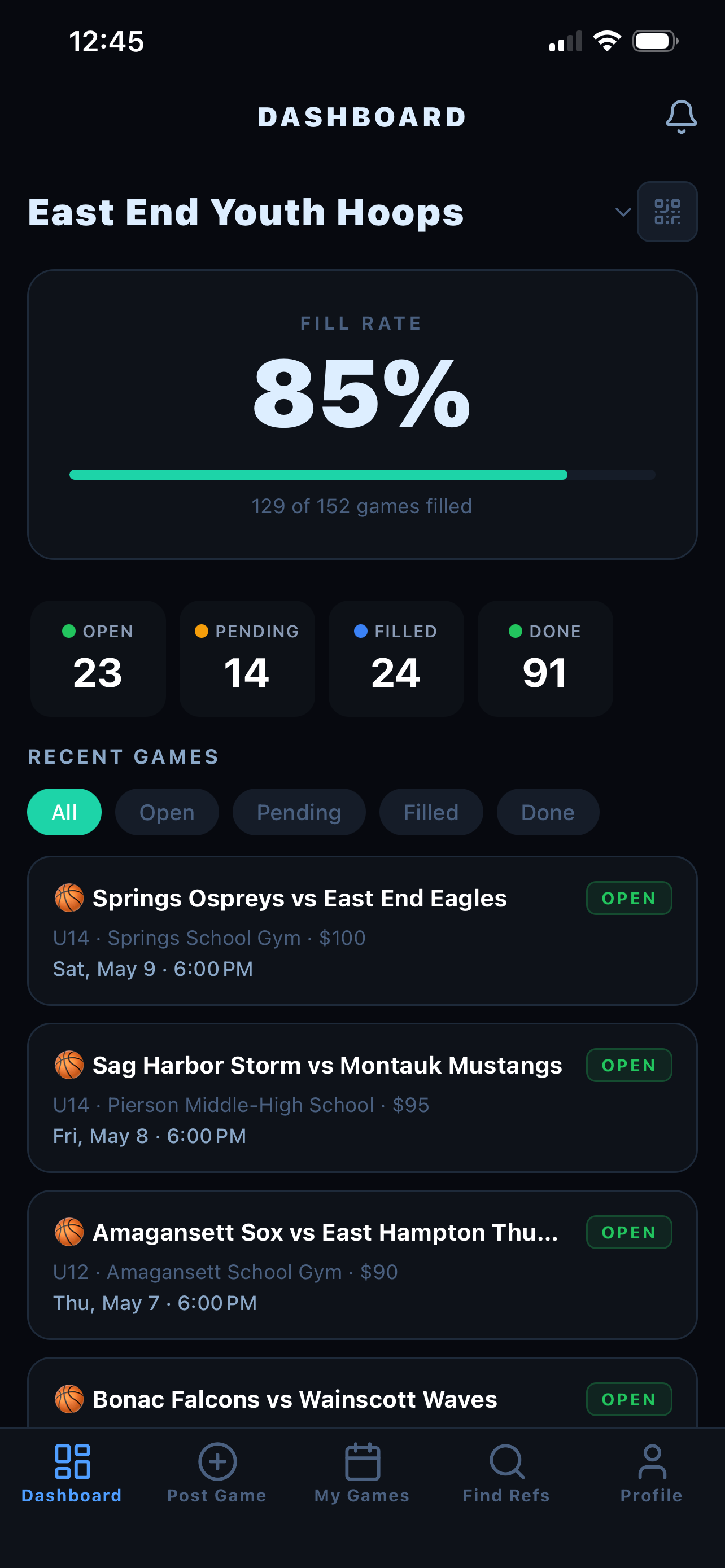 LeagueOfficials league admin dashboard showing 85% fill rate for East End Youth Hoops with recent basketball games and status filters