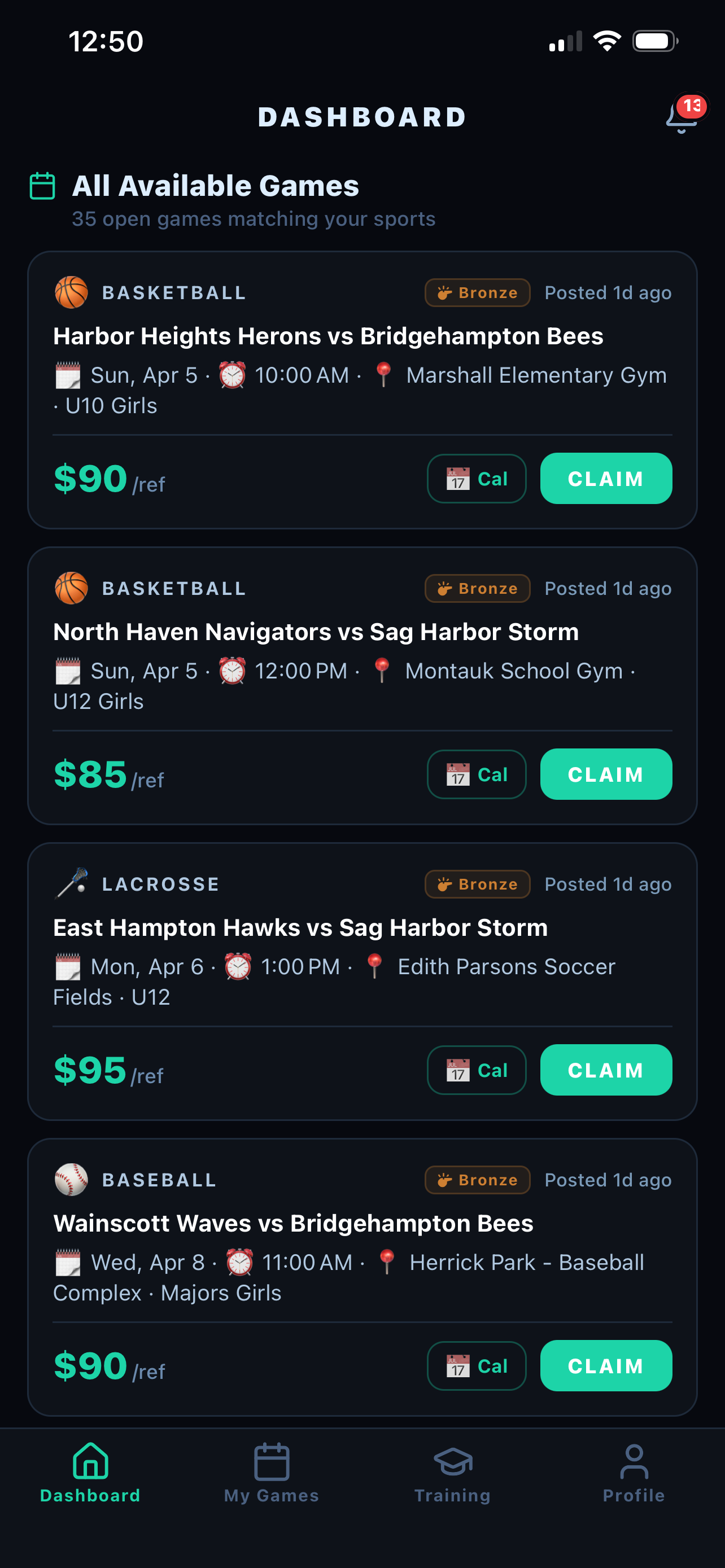 LeagueOfficials game marketplace showing open basketball, lacrosse, and baseball games with pay, venue, and Claim button