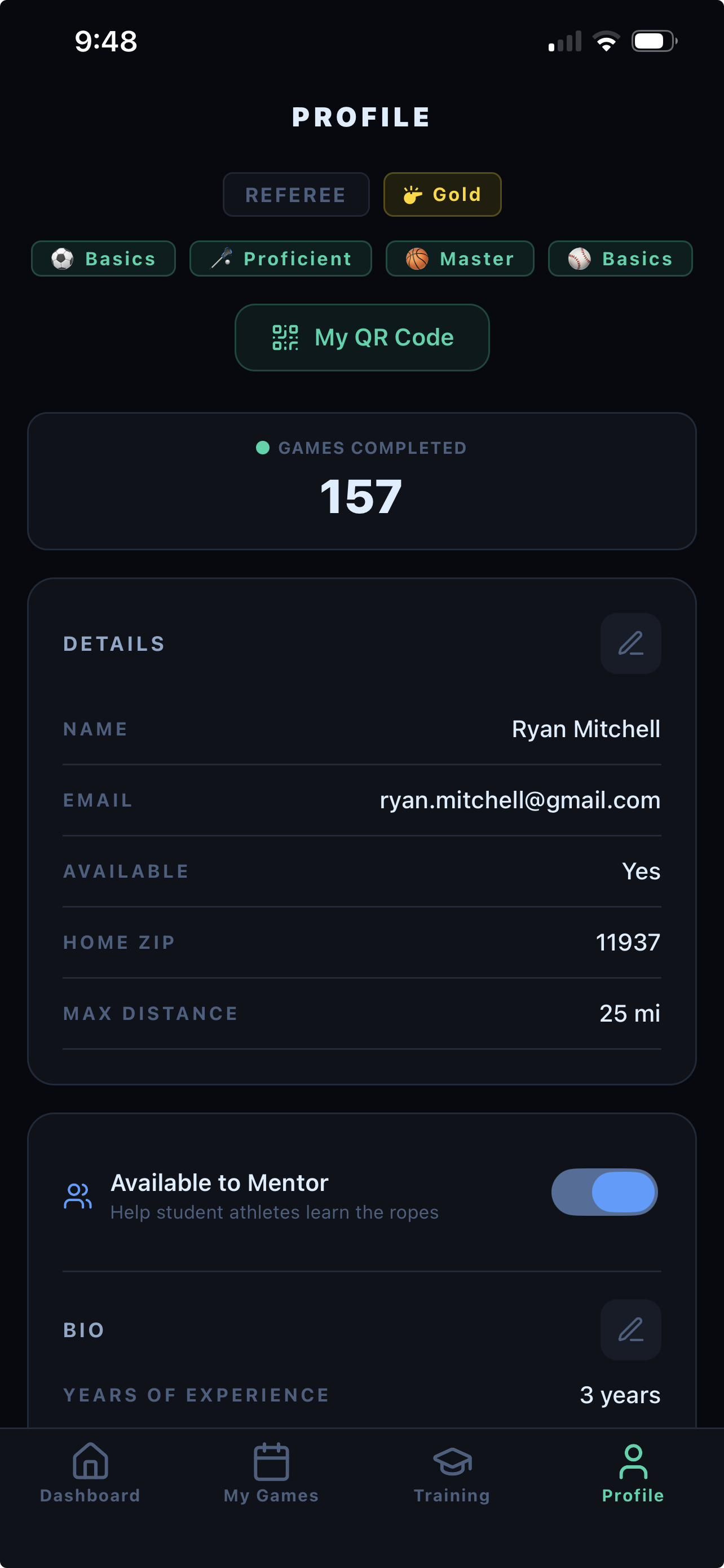 LeagueOfficials referee profile for Ryan Mitchell showing Gold tier, 157 games completed, knowledge badges, and mentor availability