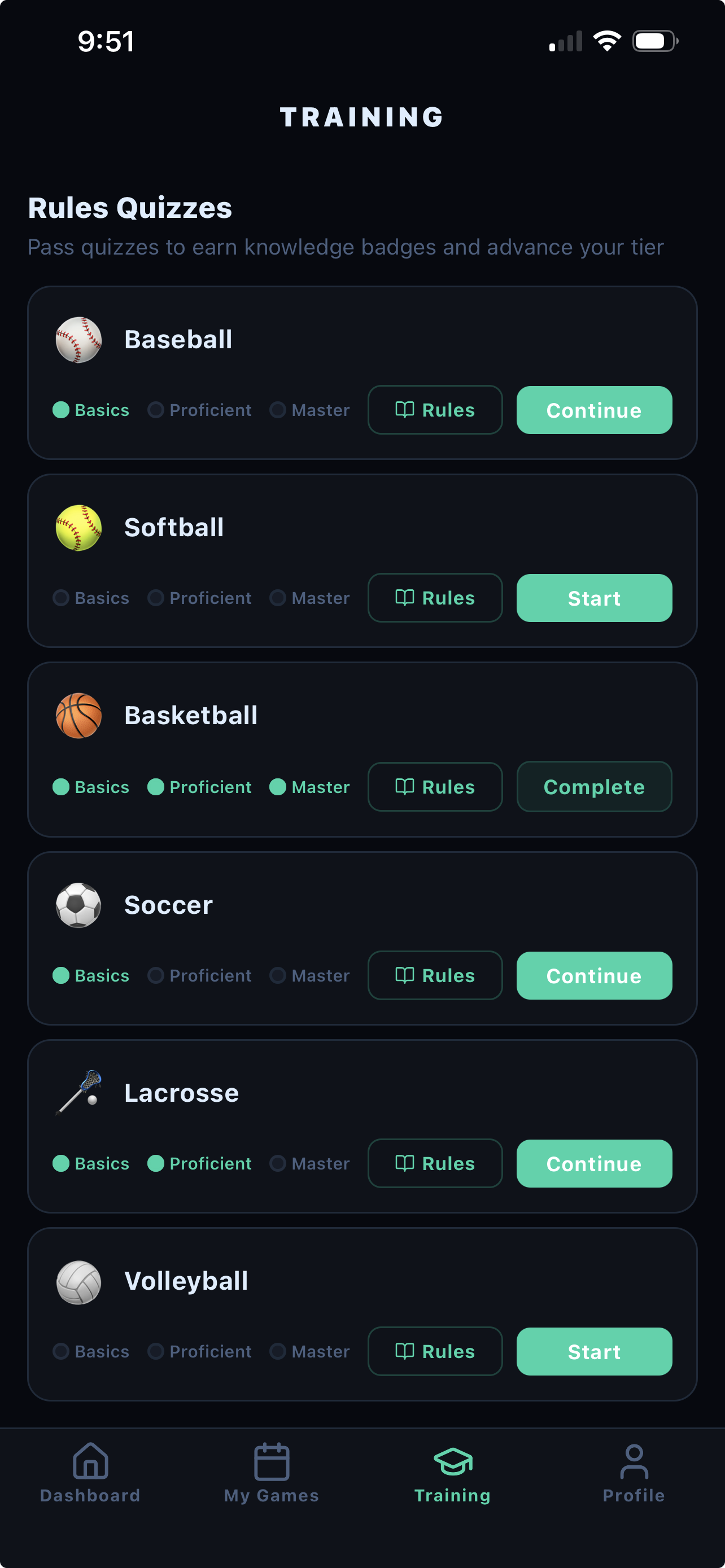 LeagueOfficials Training screen showing Rules Quizzes for all 6 sports with Basics Proficient Master badge levels and Start Continue Complete progress